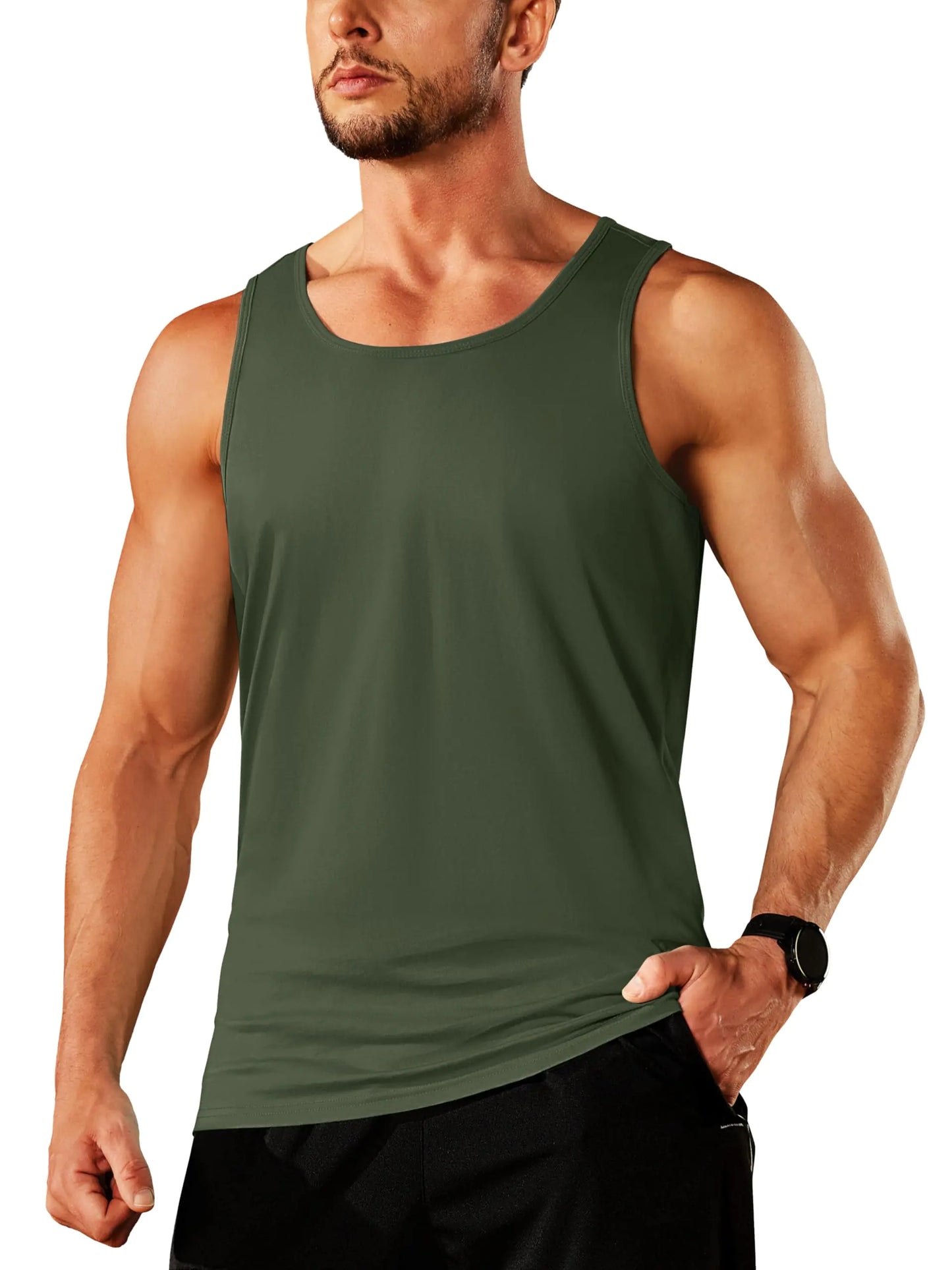 TACVASEN Cotton Tank Top for Men Workout Sleevelees Shirts Round Neck Shirt Muscle Gym Stringer Quick Dry Active Tee Shirt Army Green L