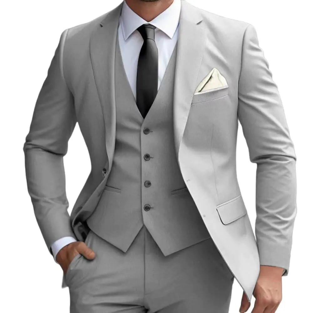 Men’s Slim Fit 3-Piece Grey Suit – Two-Button Blazer, Vest & Pants Set for Weddings, Prom & Business (S)