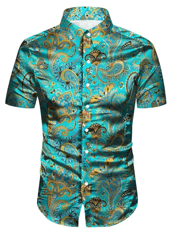 Mens Silk Like Satin Button Up Shirt Paisley Short Sleeve Stylish Floral Casual Dress Shirts SC 212 Silk US X-Large