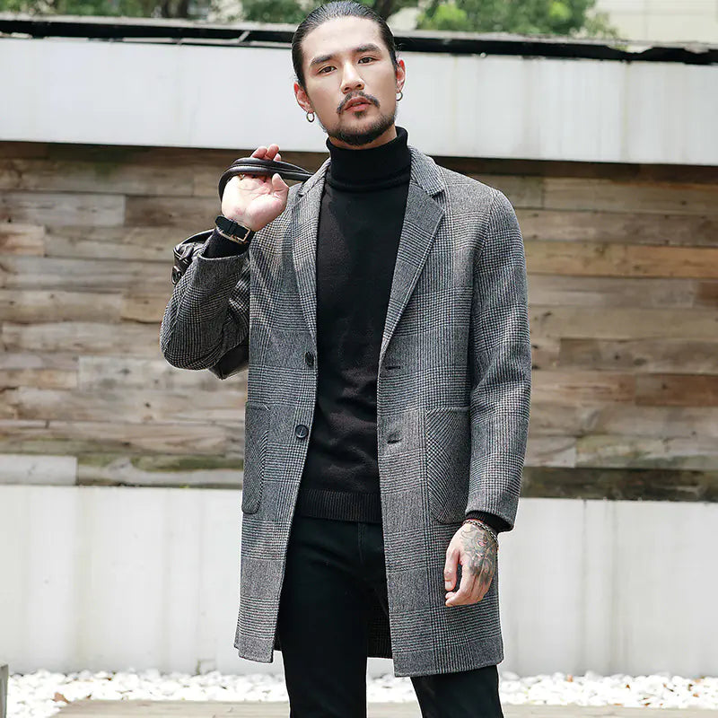 Men’s Classic Houndstooth Wool Winter Coat – Reversible Plaid Design