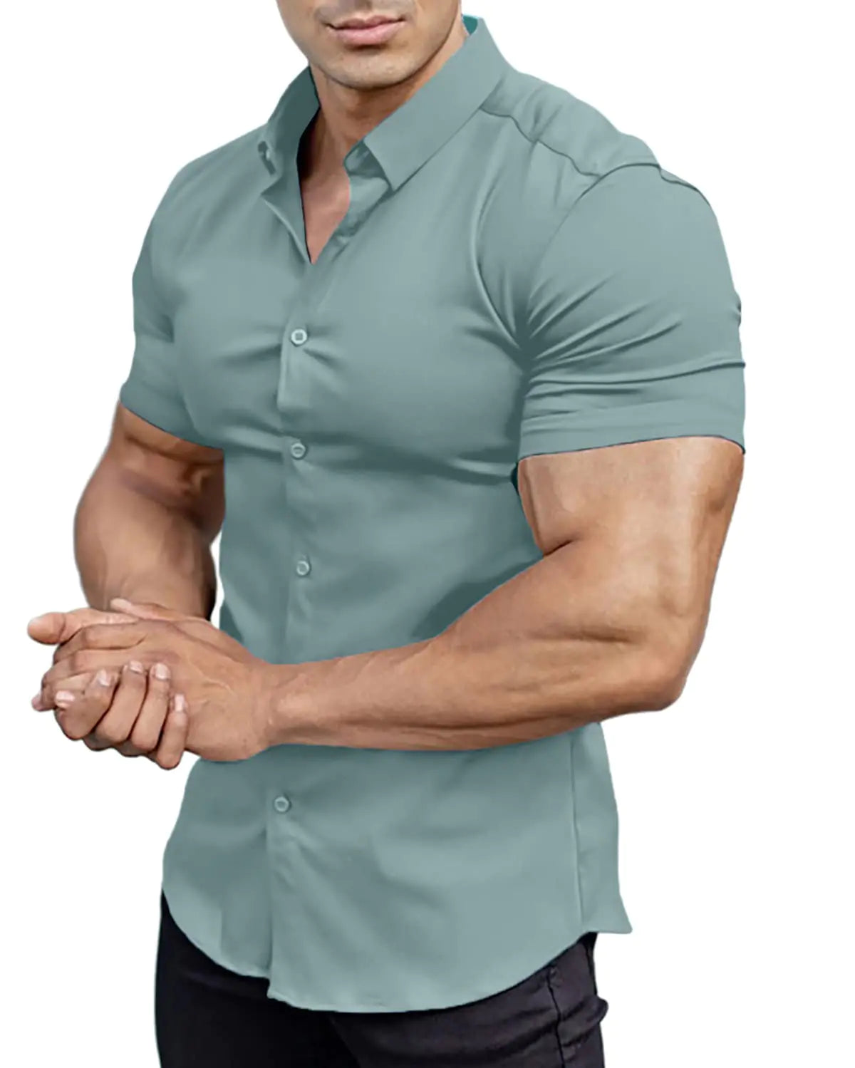 Men’s Slim Muscle Fit Short Sleeve Dress Shirt – Light Green