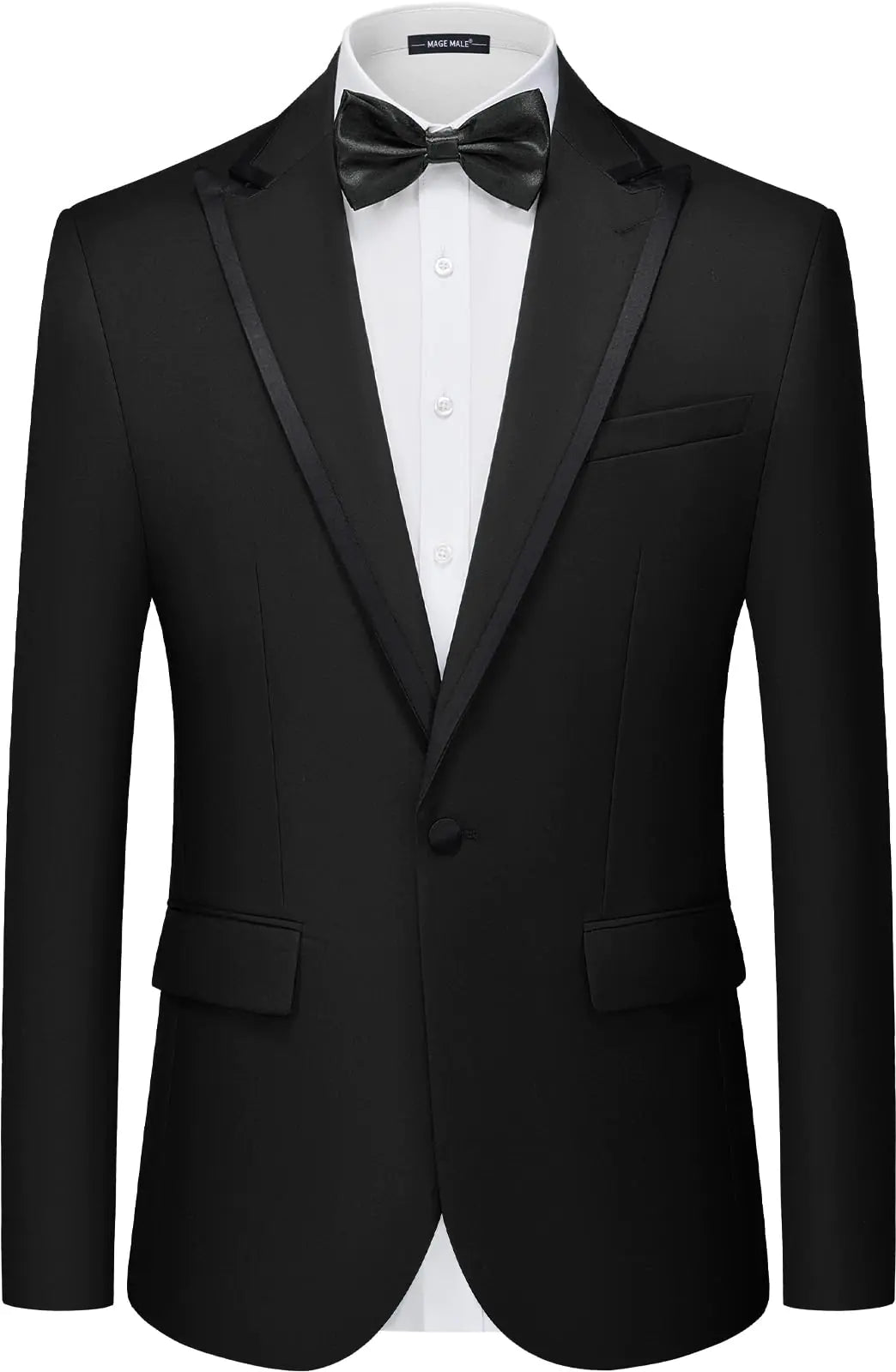 MAGE MALE Mens Blazer Slim Fit Suit Jacket Peak Lapel Business Lightweight One Button Sport Coat with Bow Tie Black