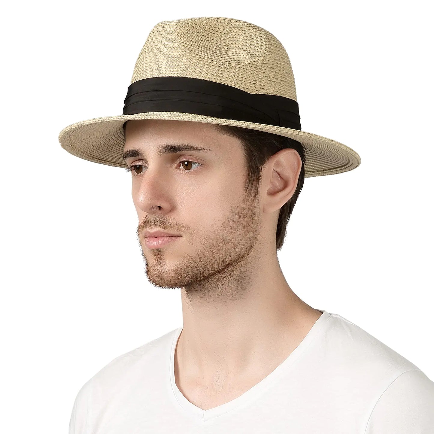 Lanzom Packable Floppy Sun Hat – Wide-Brim Straw Hat for Men & Women, Beige Small