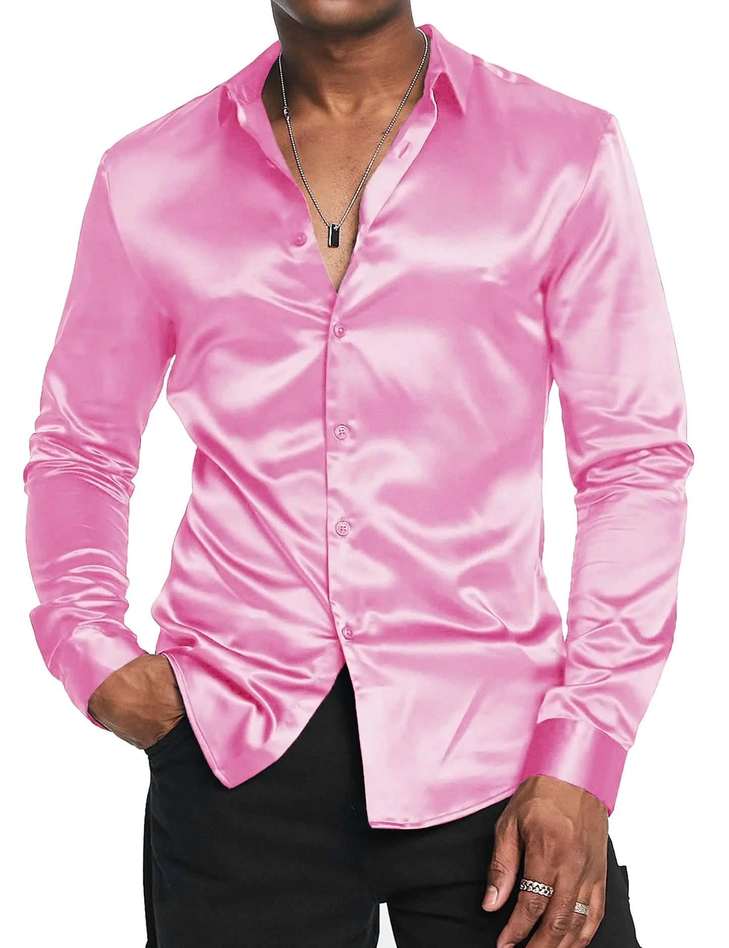 Csqopt Satin Shirt for Men Long Sleeves Silk Button Down Shirts Luxury Dress Shirts(PinkXX-Large