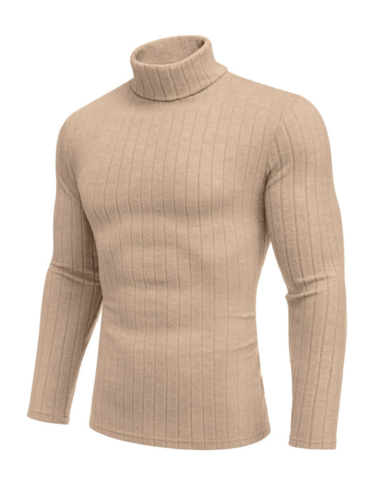 Ekouaer Ribbed Turtle Neck Shirt for Men Long Sleeve Tee Shirt Fit Thermal Underwear Tops Cream XXL