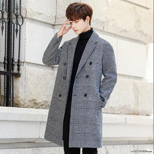 Chic Men's Plaid Double Breasted Wool Blend Coat