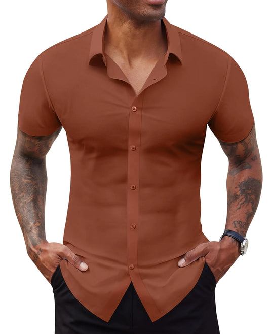Lion Nardo Stretch Dress Shirts for Men Short Sleeve Slim Fit Casual Button Down Shirts Muscle Fit Mens Dress Shirts Brown