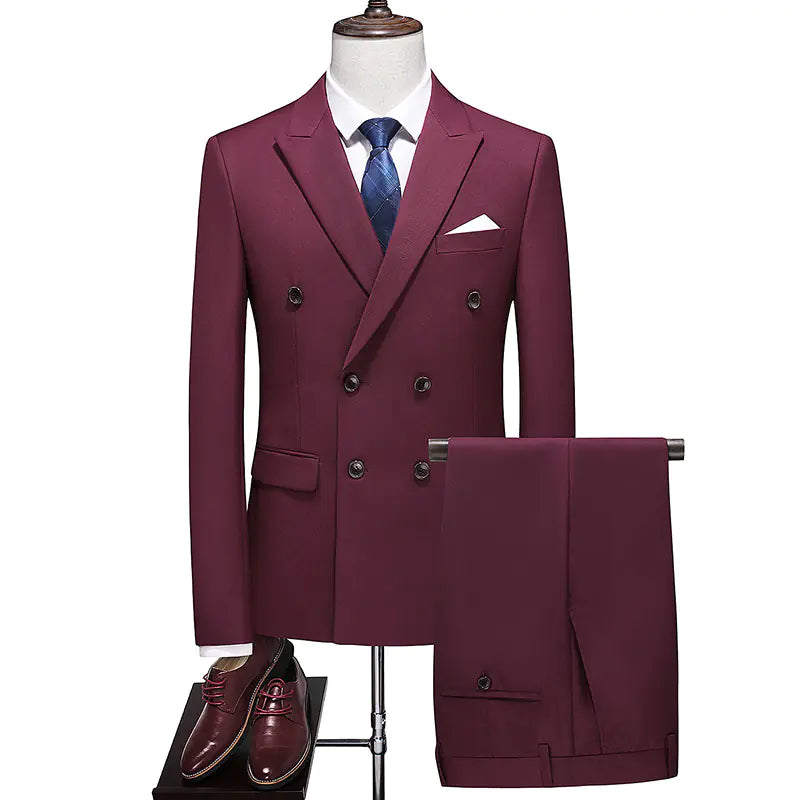 Men’s Double-Breasted Solid Suit Set