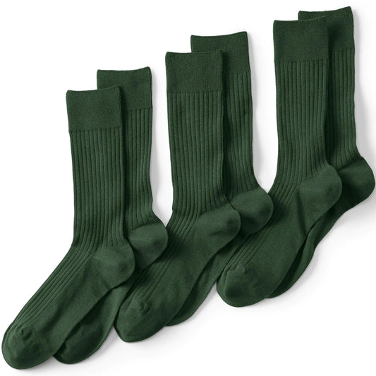 Lands’ End Men’s Dress Socks – Cotton Rib, Seamless Toe, 3-Pack, Evergreen Forest