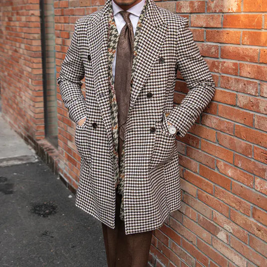 Men’s Classic Houndstooth Long Coat – Double-Breasted Polo Style