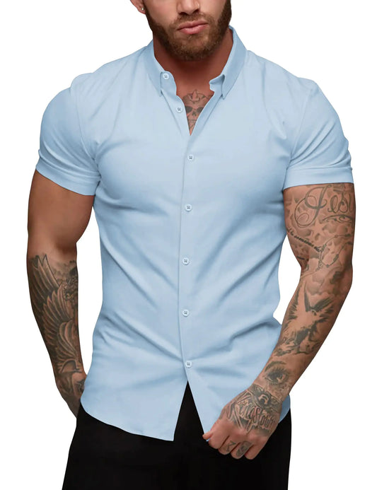 URRU Men’s Muscle Fit Short Sleeve Shirt – Light Blue