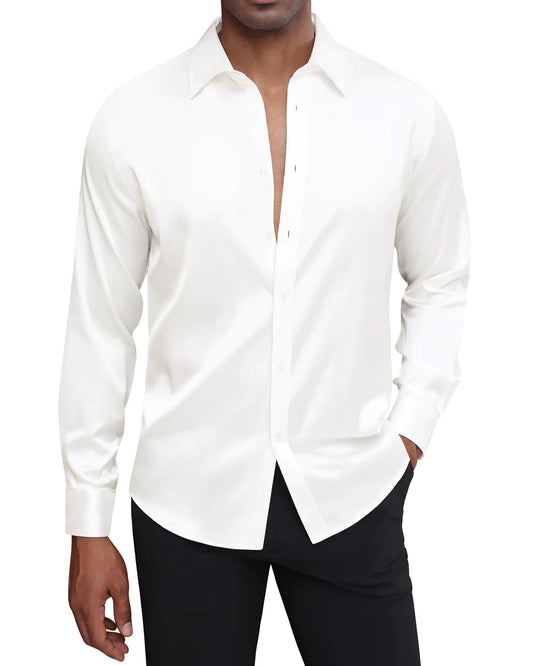 J.VER Mens Luxury Shiny Silk Like Satin Button Up Dress Shirts Regular Fit Long Sleeve Dress Shirt White XX-Large